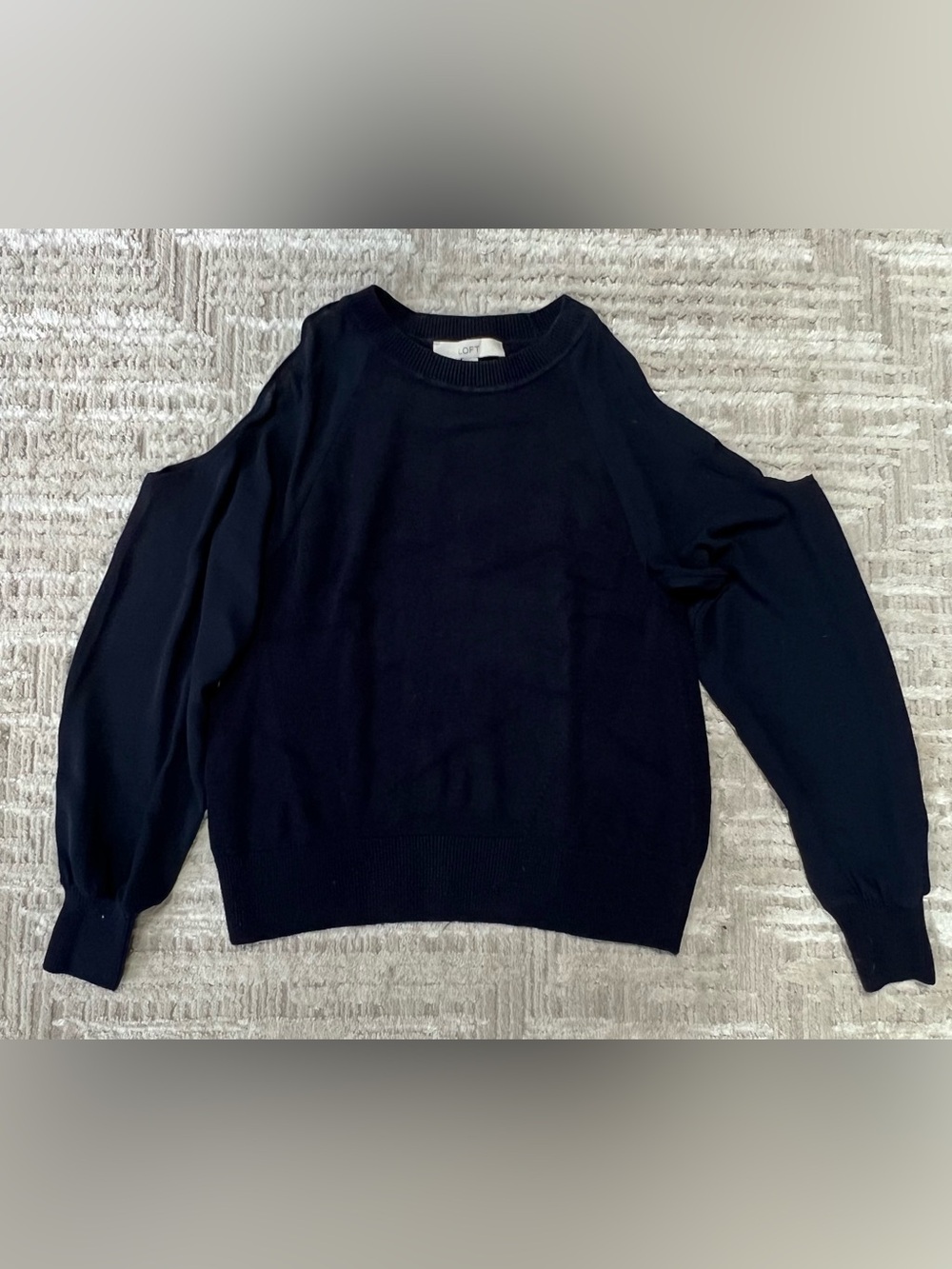 LOFT Navy Blue Cold-Shoulder Semi Sheer Sleeves Crewneck Sweater Sz XS